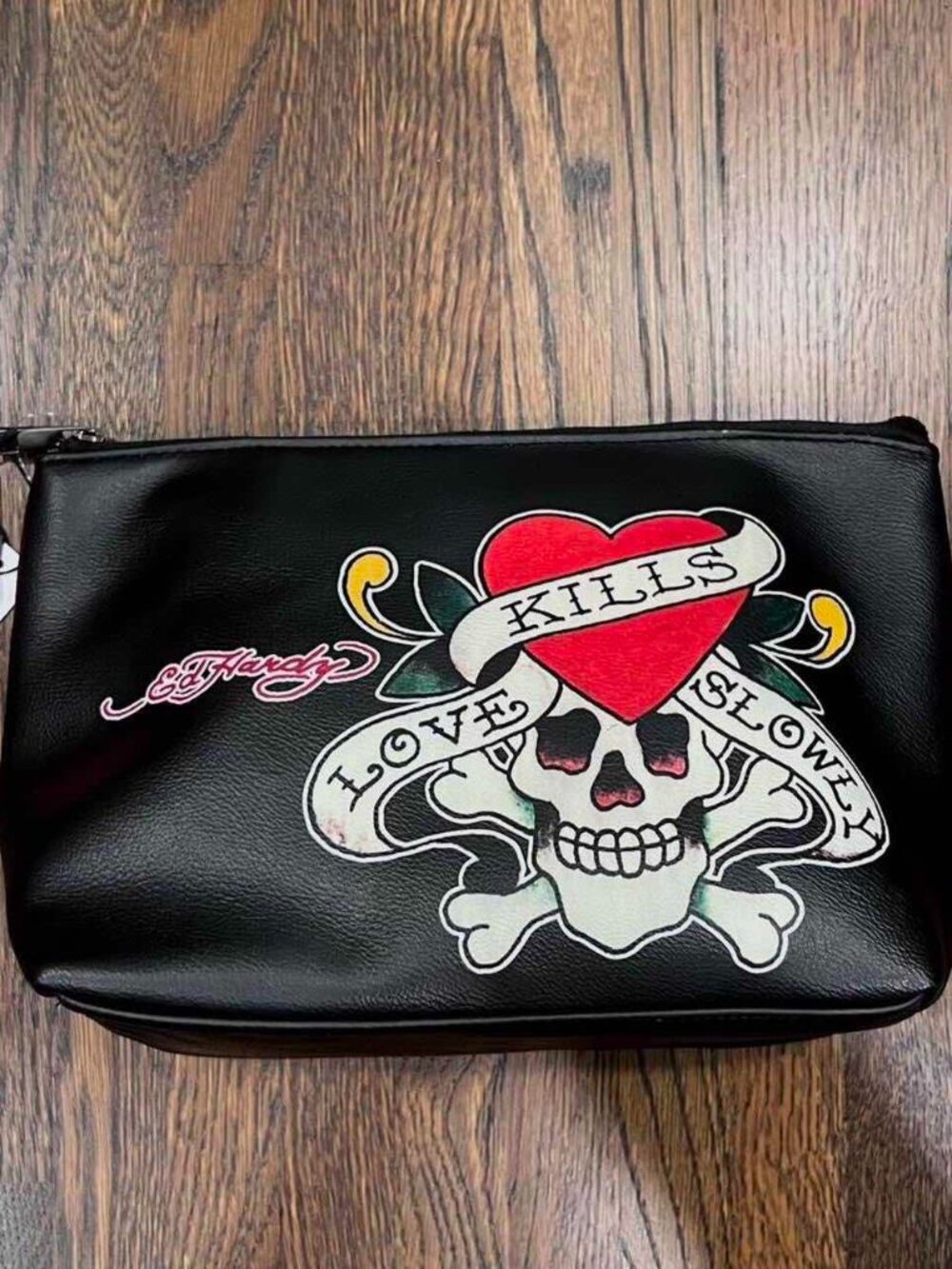 ed hardy “love kills slowly” makeup cosmetic toiletry bag in black red y2k NWT